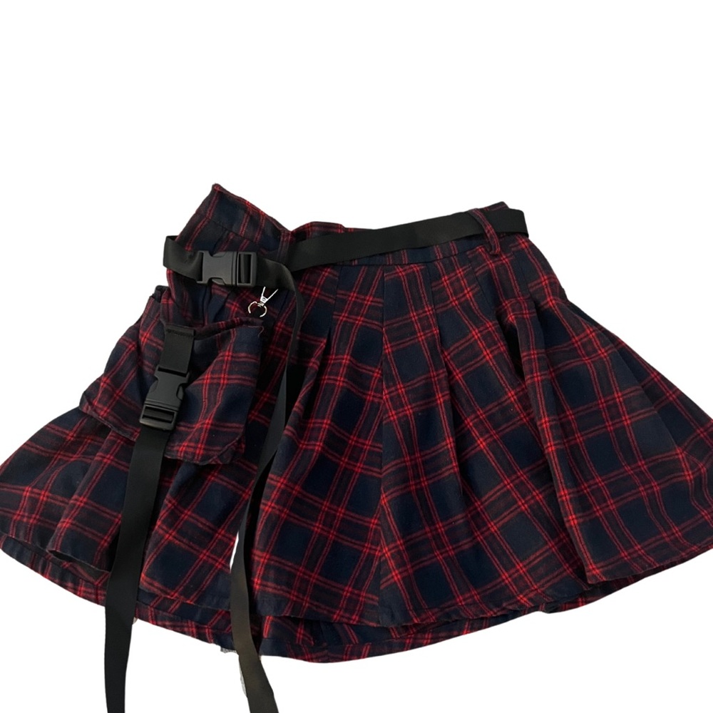 Red Plaid Skirt with Belt